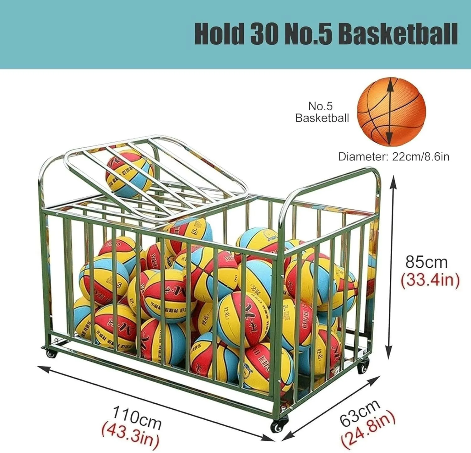 Ball Storage Garage Organizer Rolling Basketball Cart with Wheels, Outdoor Waterproof Ball Bin Sports Equipment Rack Stand for School/Church~/