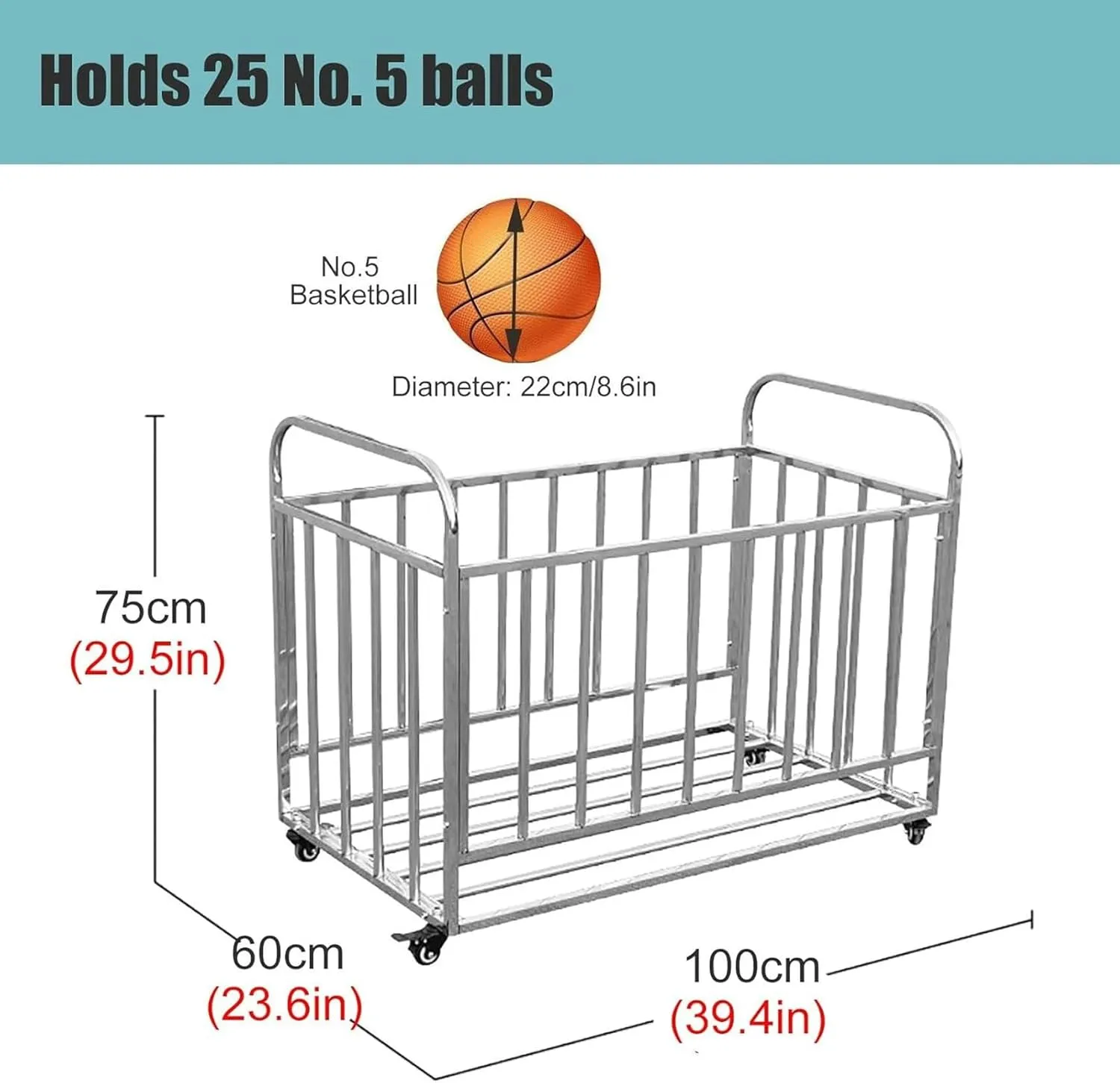 Ball Storage Garage Organizer Rolling Basketball Cart with Wheels, Outdoor Waterproof Ball Bin Sports Equipment Rack Stand for School/Church(No Lid,100x60x75cm)