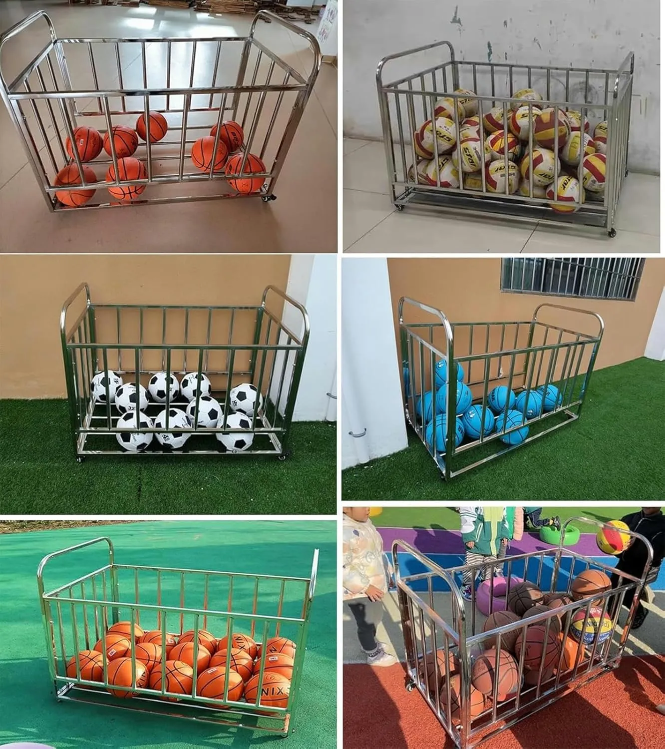 Ball Storage Garage Organizer Rolling Basketball Cart with Wheels, Outdoor Waterproof Ball Bin Sports Equipment Rack Stand for School/Church(No Lid,100x60x75cm)
