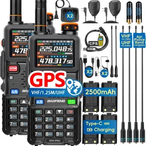 BAOFENG 5RH PRO GPS Ham Radio 10W High Power, VHF/1.25M/UHF (4PSC Batteries, 8 Antennas), 8 Bands Long Range Two Way Radio Handheld, APRS, Air Band,NOAA,Tri Band,Upgrade of BAOFENG 5RM 2 Pack Full Kit