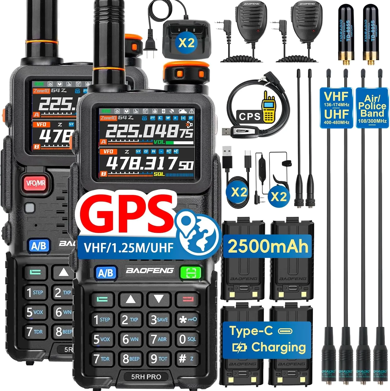 BAOFENG 5RH PRO GPS Ham Radio 10W High Power, VHF/1.25M/UHF (4PSC Batteries, 8 Antennas), 8 Bands Long Range Two Way Radio Handheld, APRS, Air Band,NOAA,Tri Band,Upgrade of BAOFENG 5RM 2 Pack Full Kit