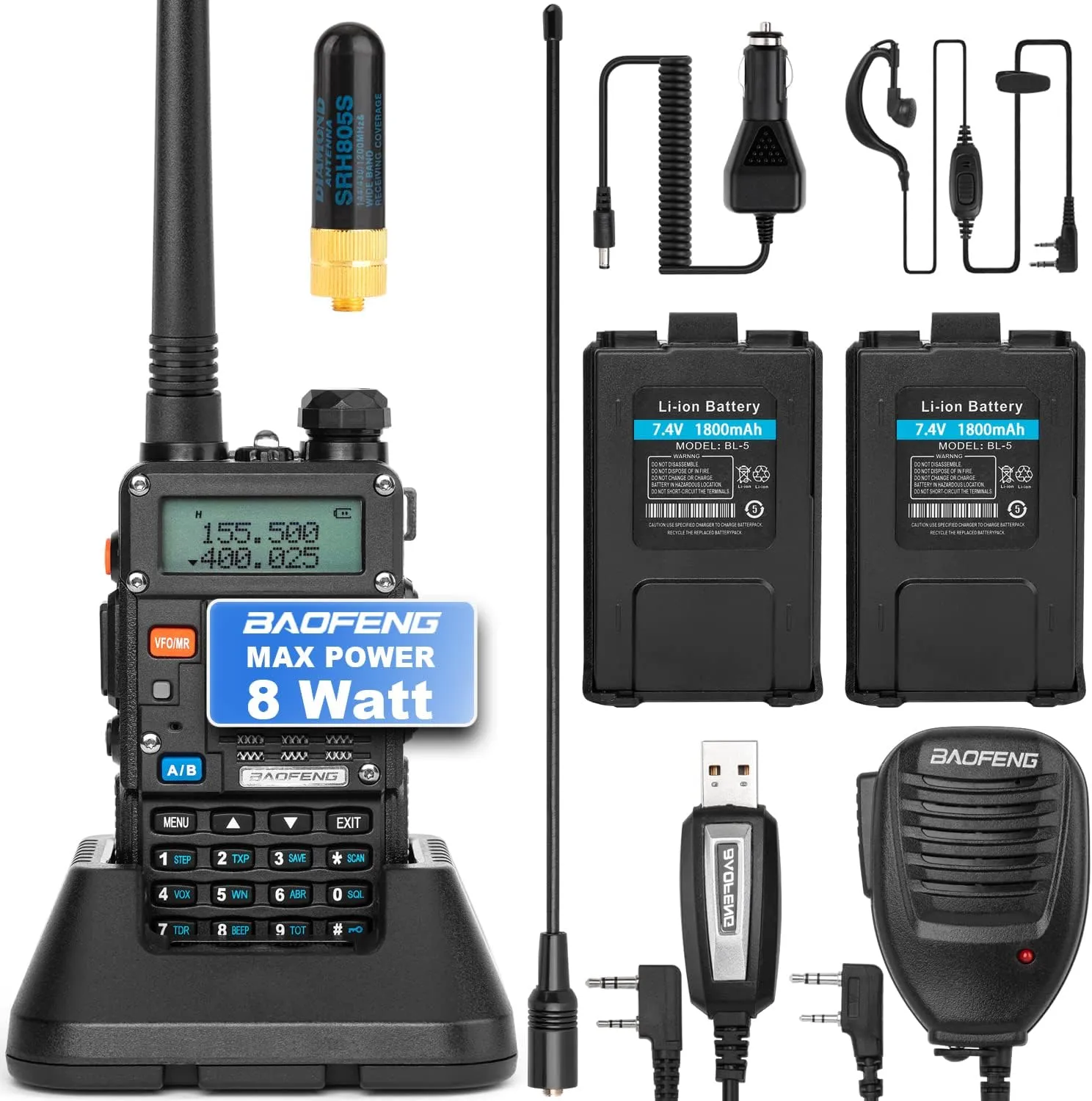 BaoFeng UV-5R 8-Watt (3rd Gen) Handheld Ham Radio with 2 Rechargeable Battery, Dual-Band 2-Way Radio Handheld Walkie Talkies Complete Set with Earpiece and Programming Cable (Pack 1)