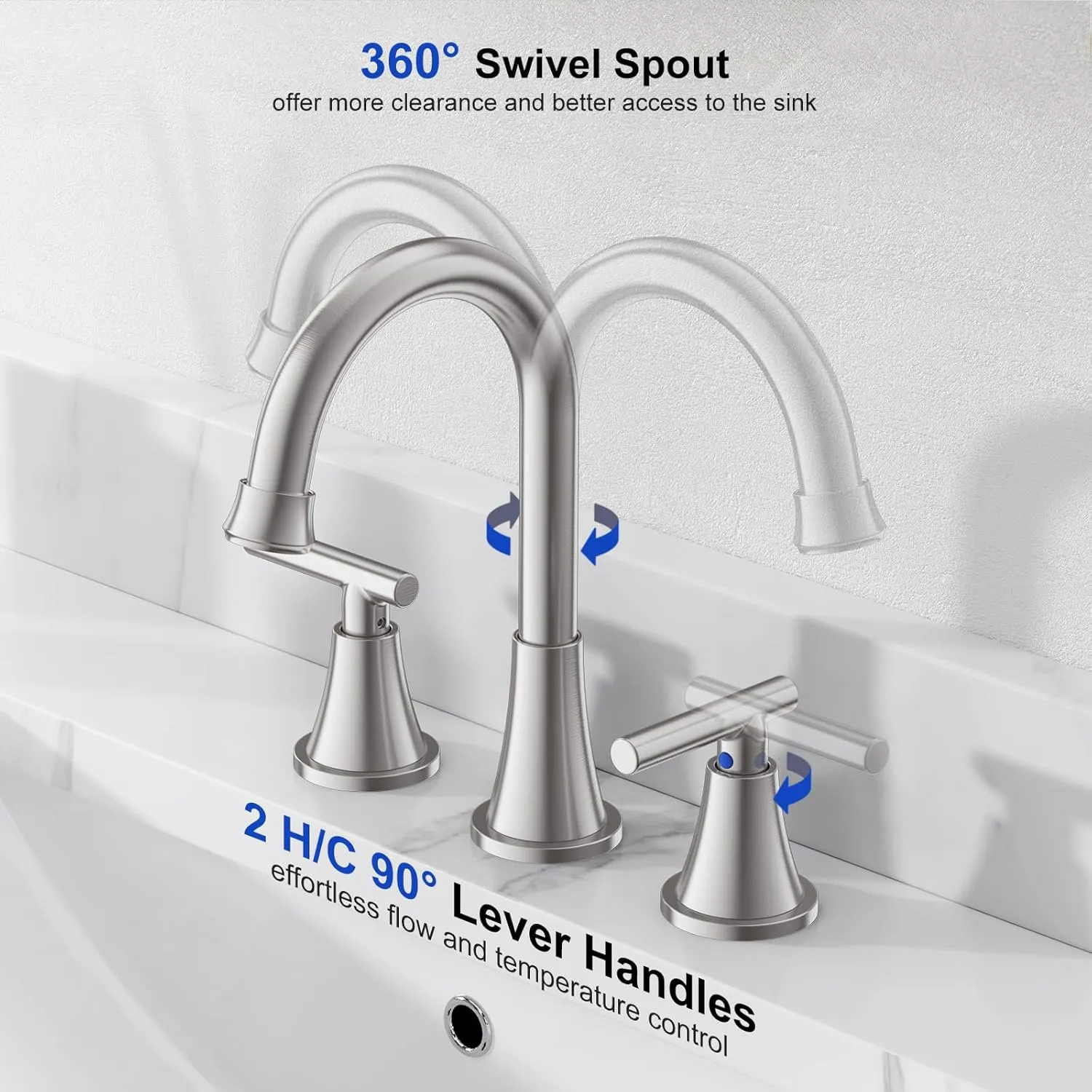Bathroom Faucets for Sink 3 Hole, Hurran Brushed Nickel Bathroom Sink Faucet with Pop-up Drain and Supply Lines, Stainless Steel Lead-Free Widespread Faucet for Vanity RV Farmhouse Sink