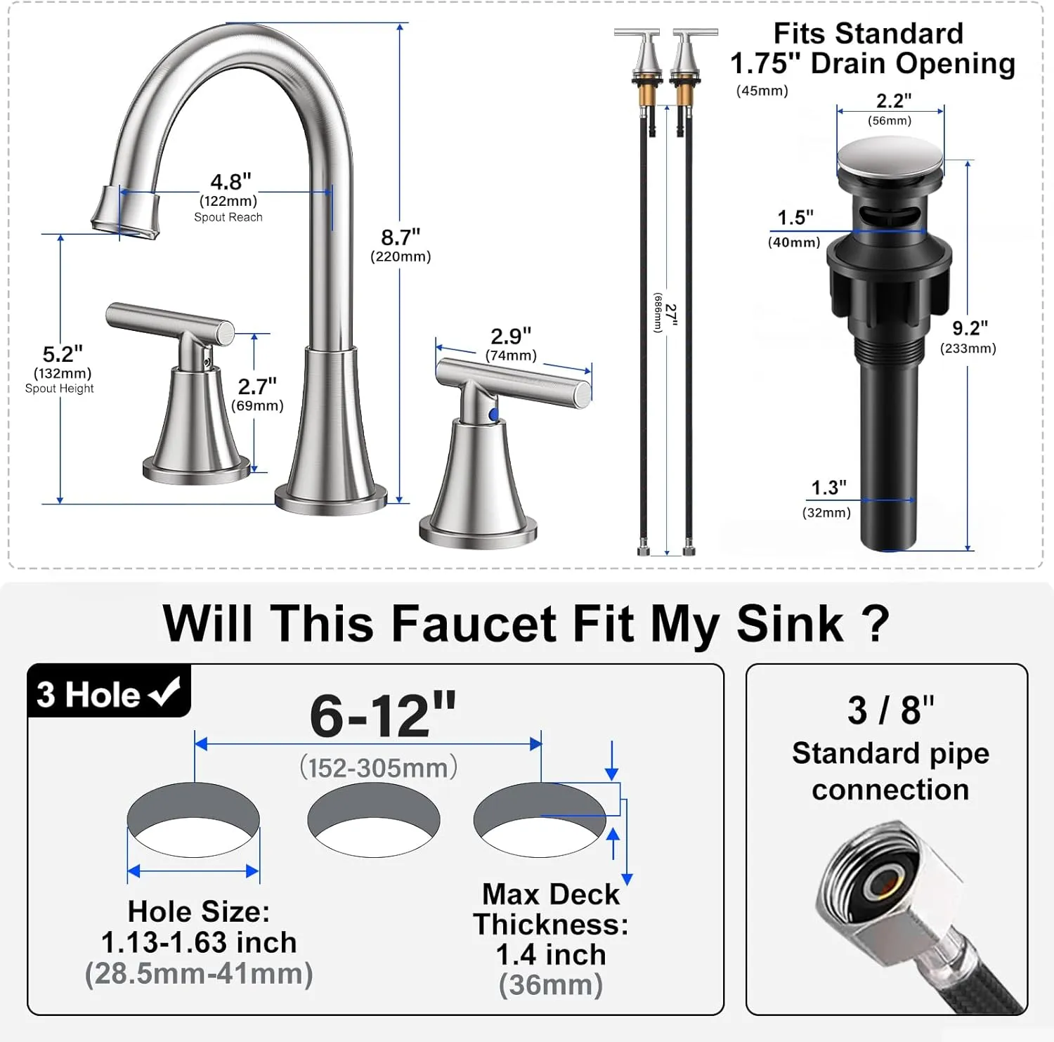 Bathroom Faucets for Sink 3 Hole, Hurran Brushed Nickel Bathroom Sink Faucet with Pop-up Drain and Supply Lines, Stainless Steel Lead-Free Widespread Faucet for Vanity RV Farmhouse Sink