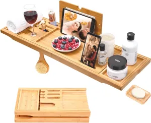 Bathtub Tray, Ohuhu Premium Bamboo Bathtub Caddy Tray Expandable Foldable Bath Tray with Anti-Slip Grips Soap Wine Phone Holder Mothers Day Gifts