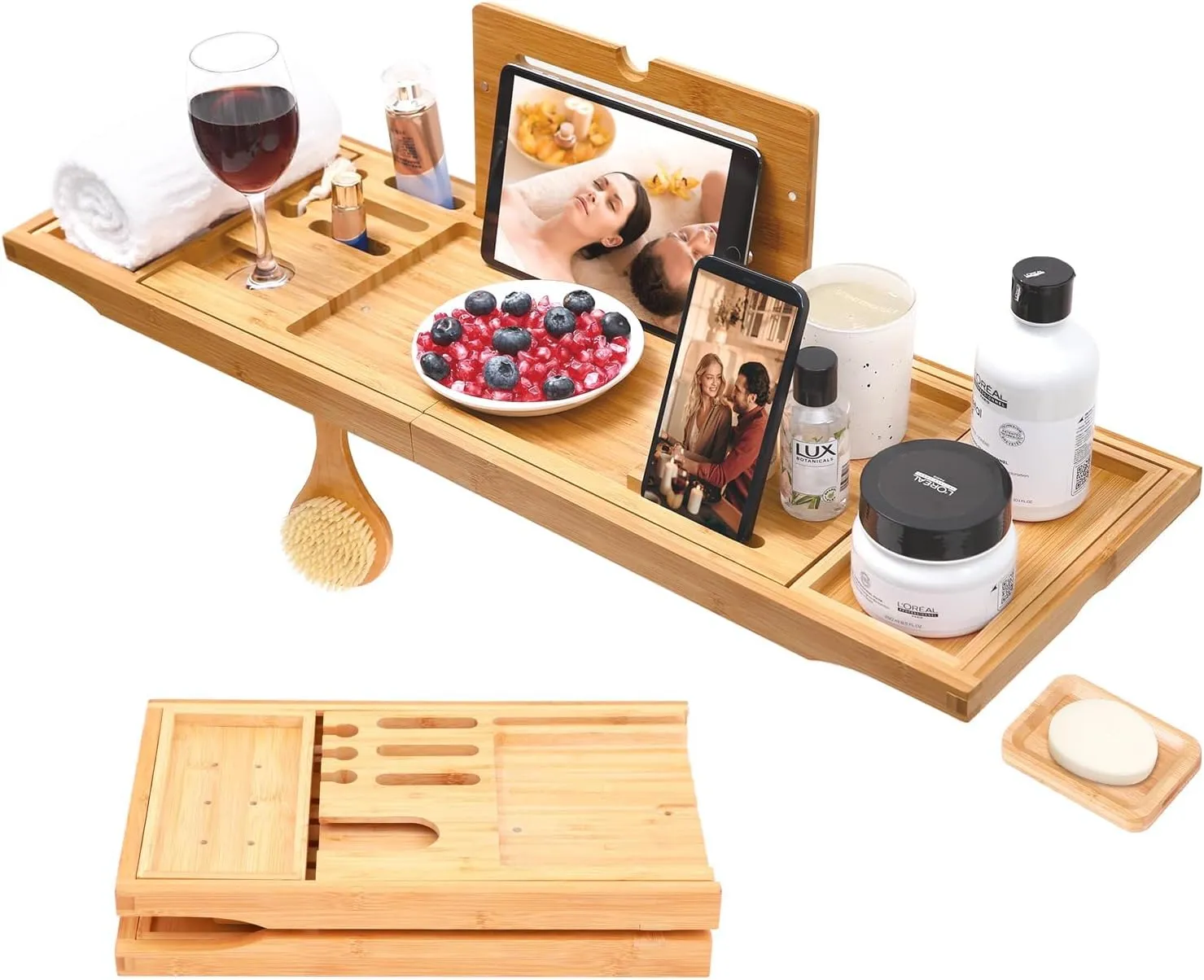 Bathtub Tray, Ohuhu Premium Bamboo Bathtub Caddy Tray Expandable Foldable Bath Tray with Anti-Slip Grips Soap Wine Phone Holder Mothers Day Gifts
