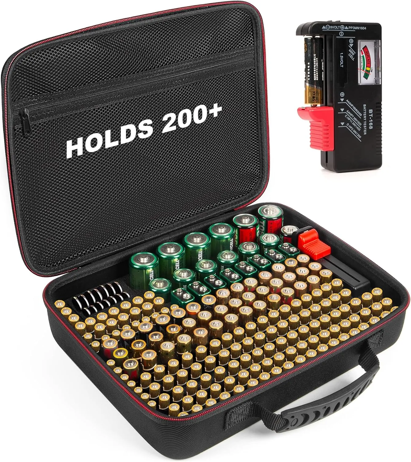 Battery Organizer Storage Case with Tester (BT168),Battery Vault Case Waterproof Battery Holder Box, Large Capacity Batteries Carrying Case Container Bag Fit for 200  Batteries AA AAA C D 9V