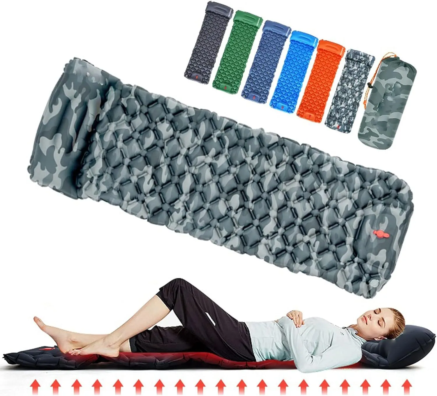 Beach Blankets Outdoor Camping Sleeping Pad Inflatable Mattress with Pillows Ultralight Air Mat Built in Inflator Pump Travel Hiking(Camouflage)