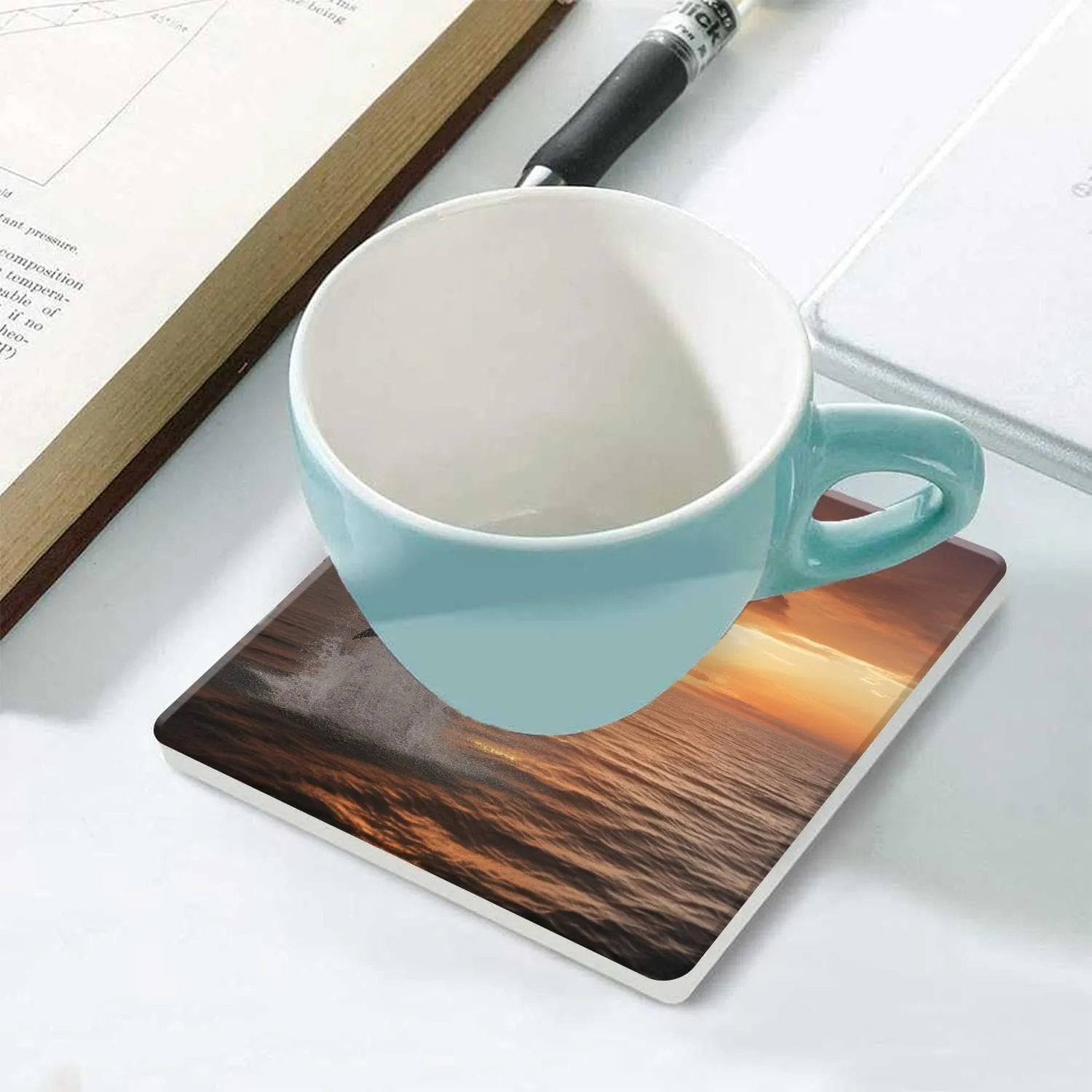 Beautiful Dolphin Leap Jumping Shine Sunset Sea Water Ocean Surface Creative Ceramic Coasters for Drinks with Holder,Set of 6 Absorbent Coasters for Modern Bar,4 Inches