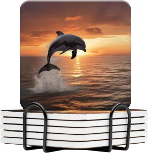 Beautiful Dolphin Leap Jumping Shine Sunset Sea Water Ocean Surface Creative Ceramic Coasters for Drinks with Holder,Set of 6 Absorbent Coasters for Modern Bar,4 Inches