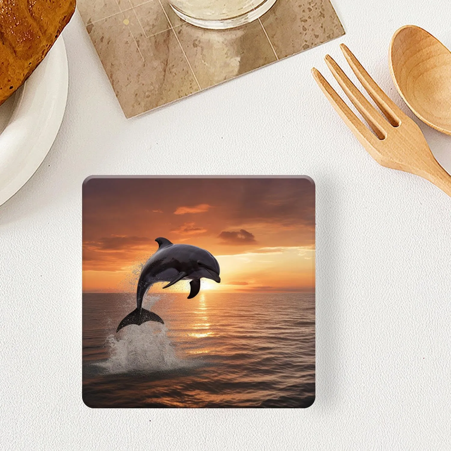 Beautiful Dolphin Leap Jumping Shine Sunset Sea Water Ocean Surface Creative Ceramic Coasters for Drinks with Holder,Set of 6 Absorbent Coasters for Modern Bar,4 Inches