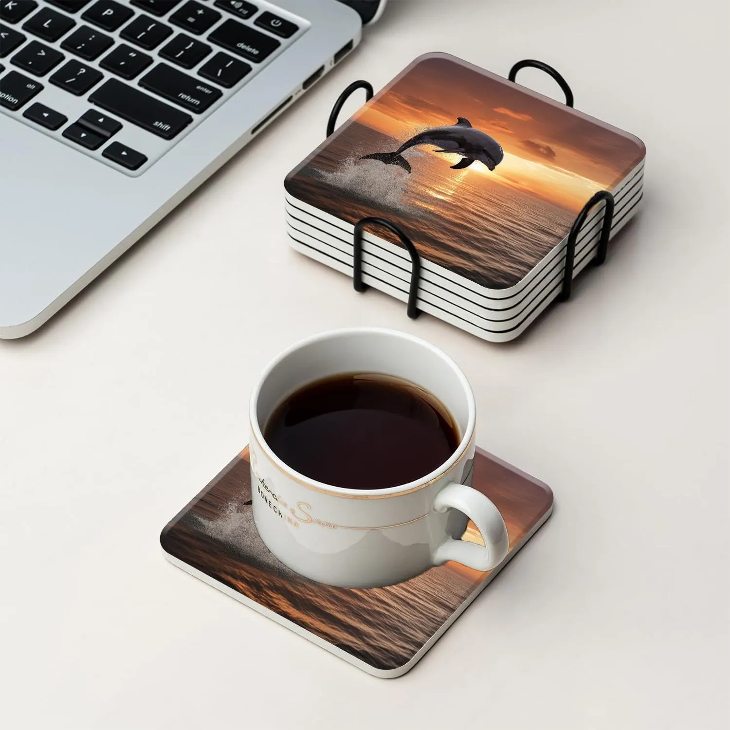 Beautiful Dolphin Leap Jumping Shine Sunset Sea Water Ocean Surface Creative Ceramic Coasters for Drinks with Holder,Set of 6 Absorbent Coasters for Modern Bar,4 Inches
