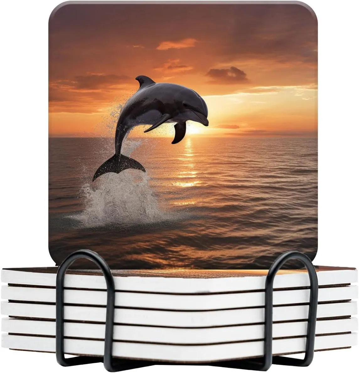 Beautiful Dolphin Leap Jumping Shine Sunset Sea Water Ocean Surface Creative Ceramic Coasters for Drinks with Holder,Set of 6 Absorbent Coasters for Modern Bar,4 Inches