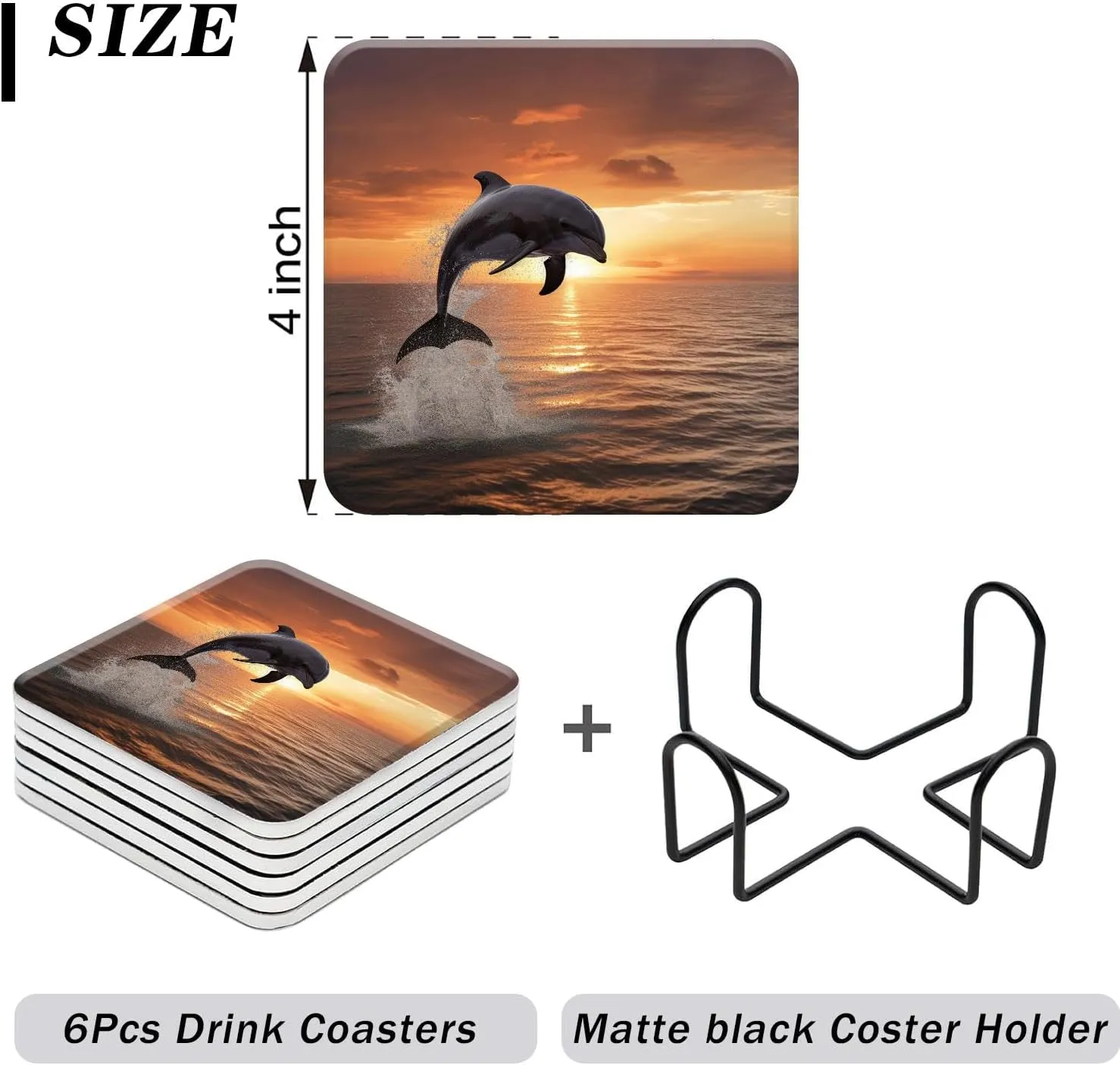 Beautiful Dolphin Leap Jumping Shine Sunset Sea Water Ocean Surface Creative Ceramic Coasters for Drinks with Holder,Set of 6 Absorbent Coasters for Modern Bar,4 Inches