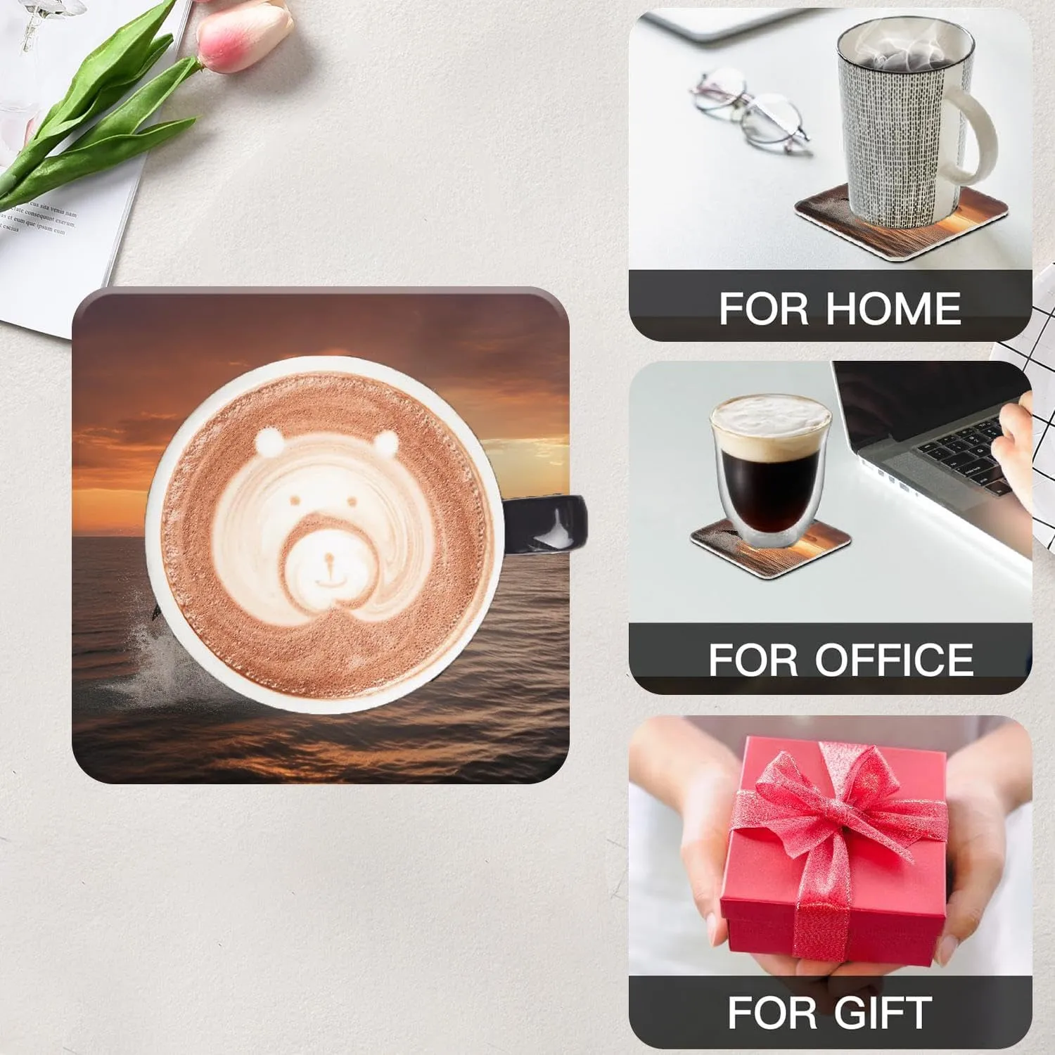 Beautiful Dolphin Leap Jumping Shine Sunset Sea Water Ocean Surface Creative Ceramic Coasters for Drinks with Holder,Set of 6 Absorbent Coasters for Modern Bar,4 Inches
