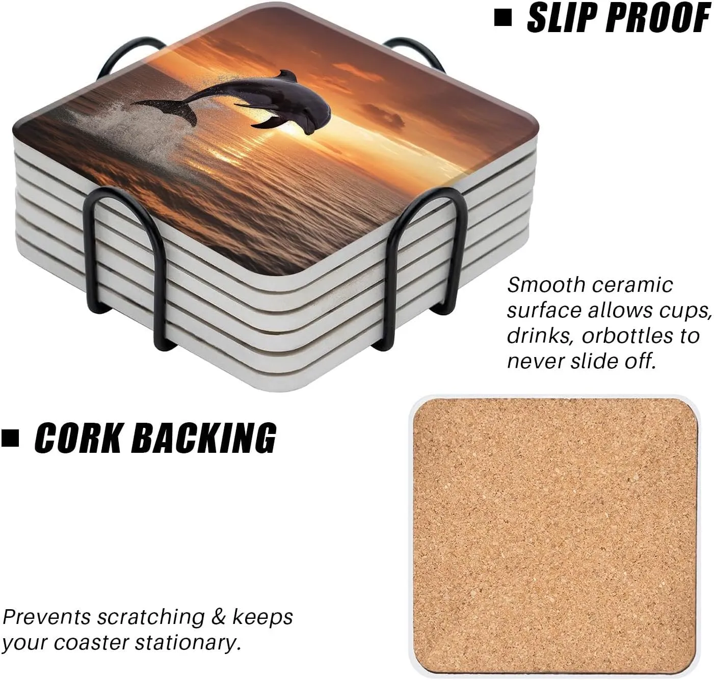 Beautiful Dolphin Leap Jumping Shine Sunset Sea Water Ocean Surface Creative Ceramic Coasters for Drinks with Holder,Set of 6 Absorbent Coasters for Modern Bar,4 Inches