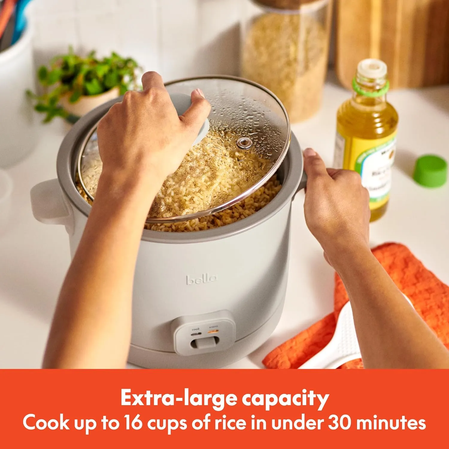 bella 16 Cup Rice Cooker with Steamer, Dishwasher Safe Steaming Basket, Rice Paddle and Measuring Cup, Removable Nonstick Cooking Bowl, Automatic Keep Warm Function​, 400 Watt, Oatmilk