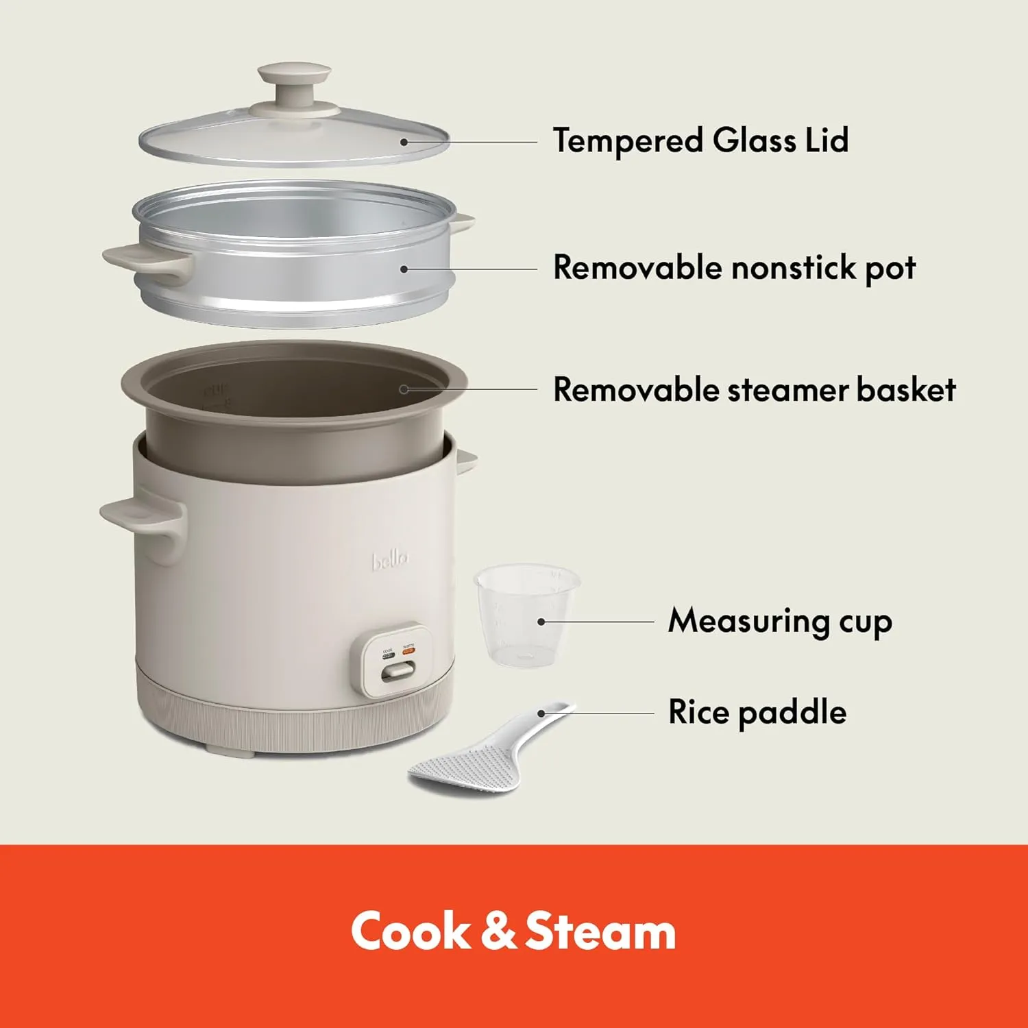 bella 16 Cup Rice Cooker with Steamer, Dishwasher Safe Steaming Basket, Rice Paddle and Measuring Cup, Removable Nonstick Cooking Bowl, Automatic Keep Warm Function​, 400 Watt, Oatmilk