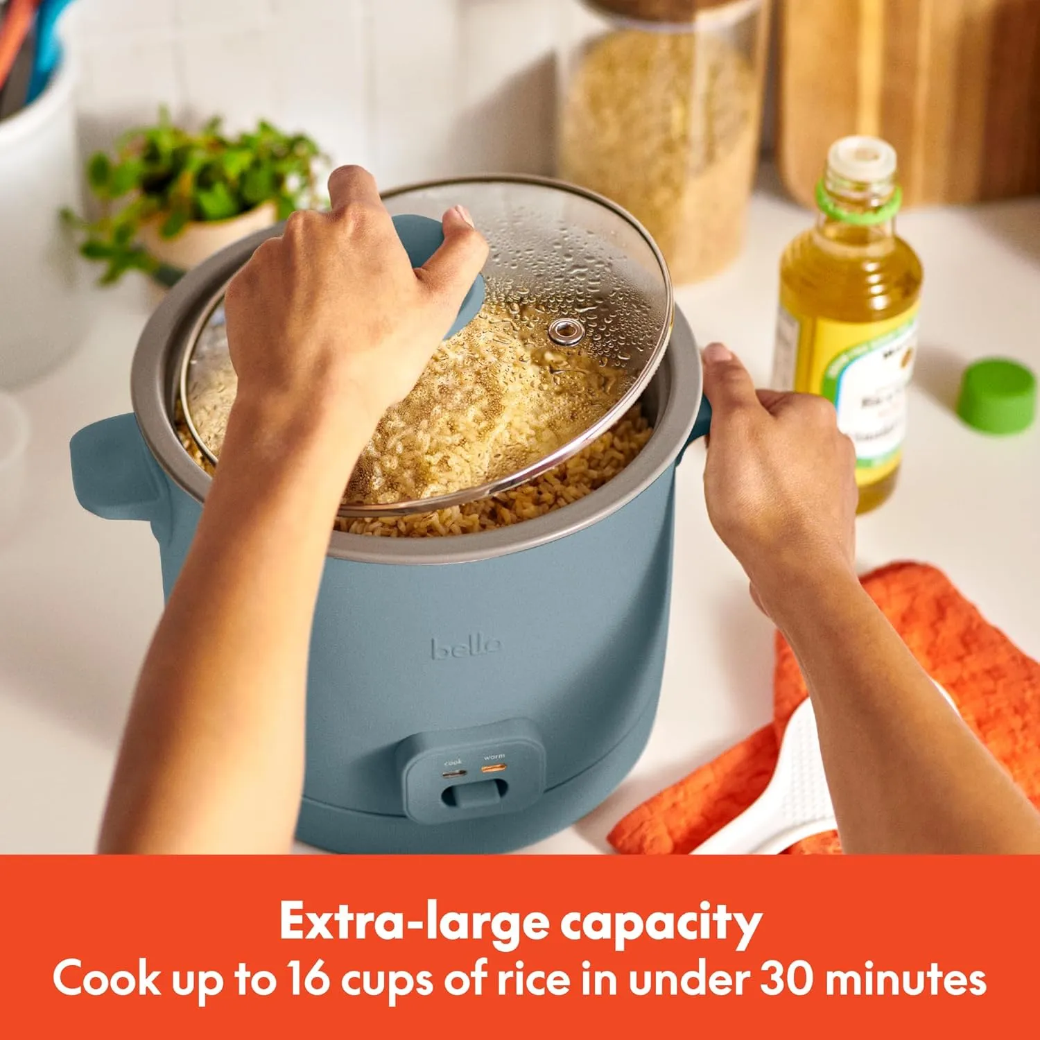 bella 16 Cup Rice Cooker with Steamer, Dishwasher Safe Steaming Basket, Rice Paddle and Measuring Cup, Removable Nonstick Cooking Bowl, Automatic Keep Warm Function​, 400 Watt, Surf