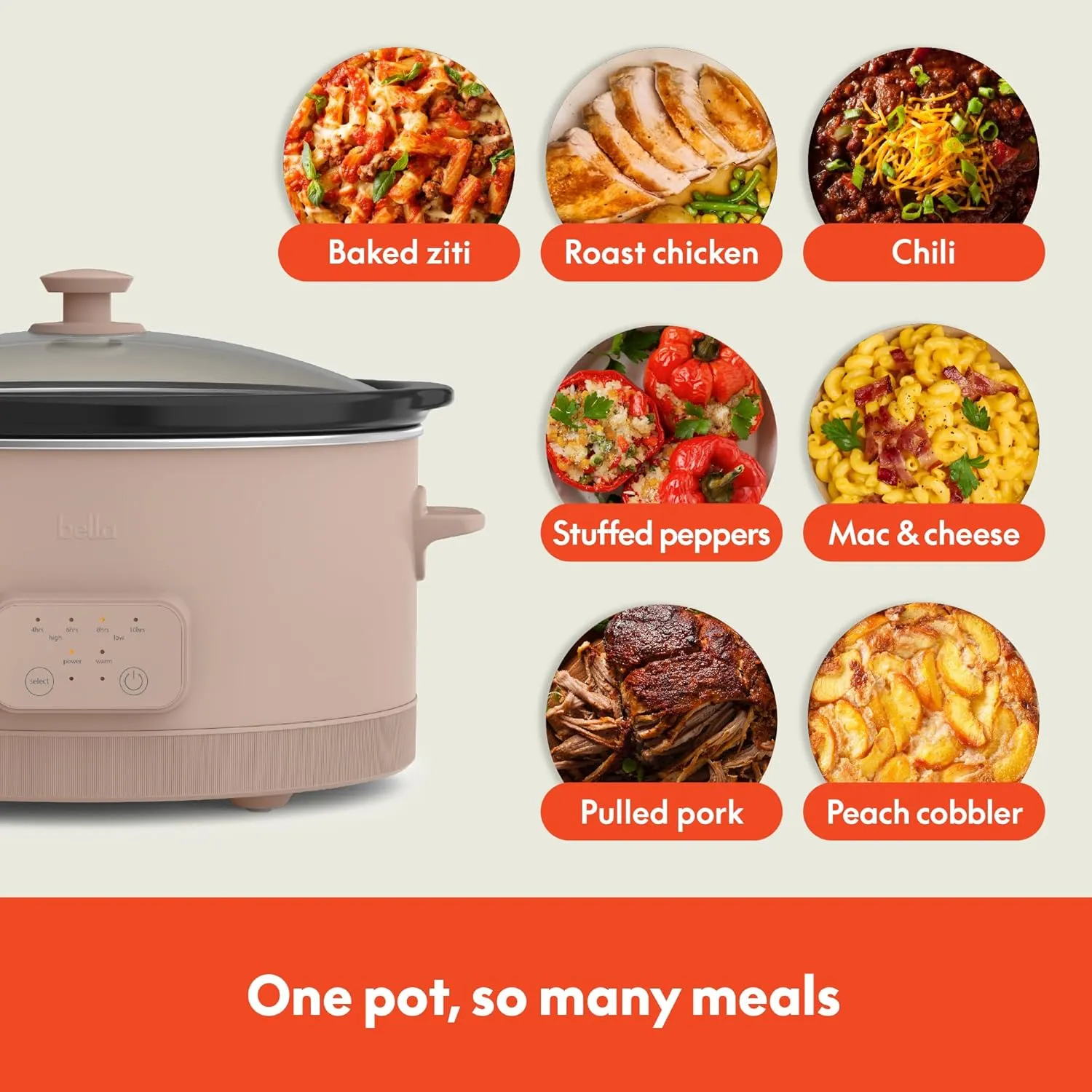 bella 6.0 Qt Programmable Slow Cooker, EverGood™ Ceramic Nonstick Coating, Adjustable Temperature & Cooking Times, Dishwasher Safe Stoneware Pot & Tempered Glass Lid, Tangle Free Cord Wrap, Blossom