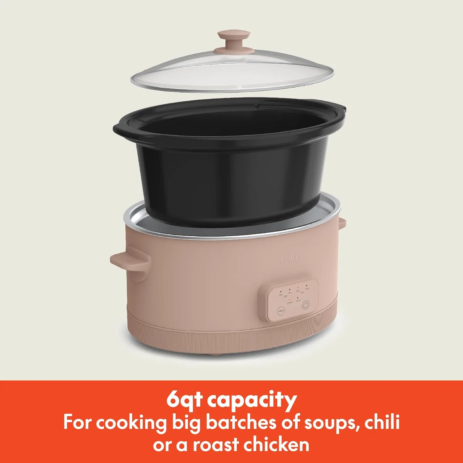 bella 6.0 Qt Programmable Slow Cooker, EverGood™ Ceramic Nonstick Coating, Adjustable Temperature & Cooking Times, Dishwasher Safe Stoneware Pot & Tempered Glass Lid, Tangle Free Cord Wrap, Blossom