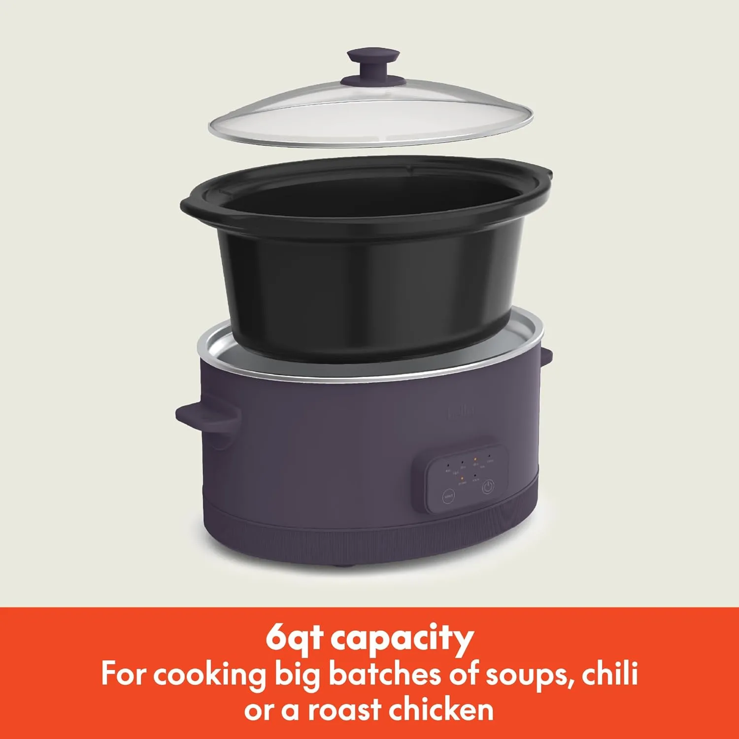 bella 6.0 Qt Programmable Slow Cooker, EverGood™ Ceramic Nonstick Coating, Adjustable Temperature & Cooking Times, Dishwasher Safe Stoneware Pot & Tempered Glass Lid, Tangle Free Cord Wrap, Plum