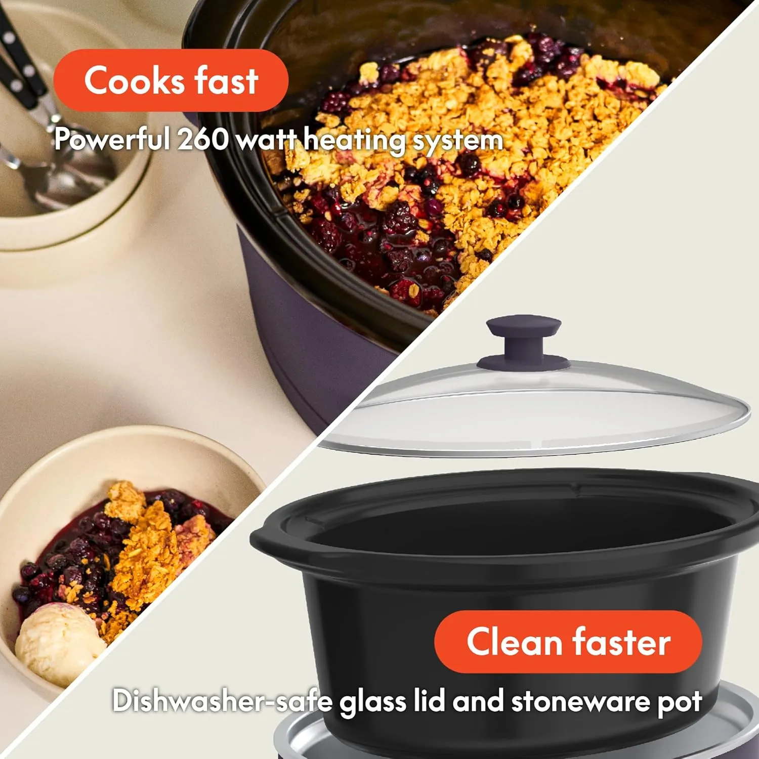 bella 6.0 Qt Programmable Slow Cooker, EverGood™ Ceramic Nonstick Coating, Adjustable Temperature & Cooking Times, Dishwasher Safe Stoneware Pot & Tempered Glass Lid, Tangle Free Cord Wrap, Plum