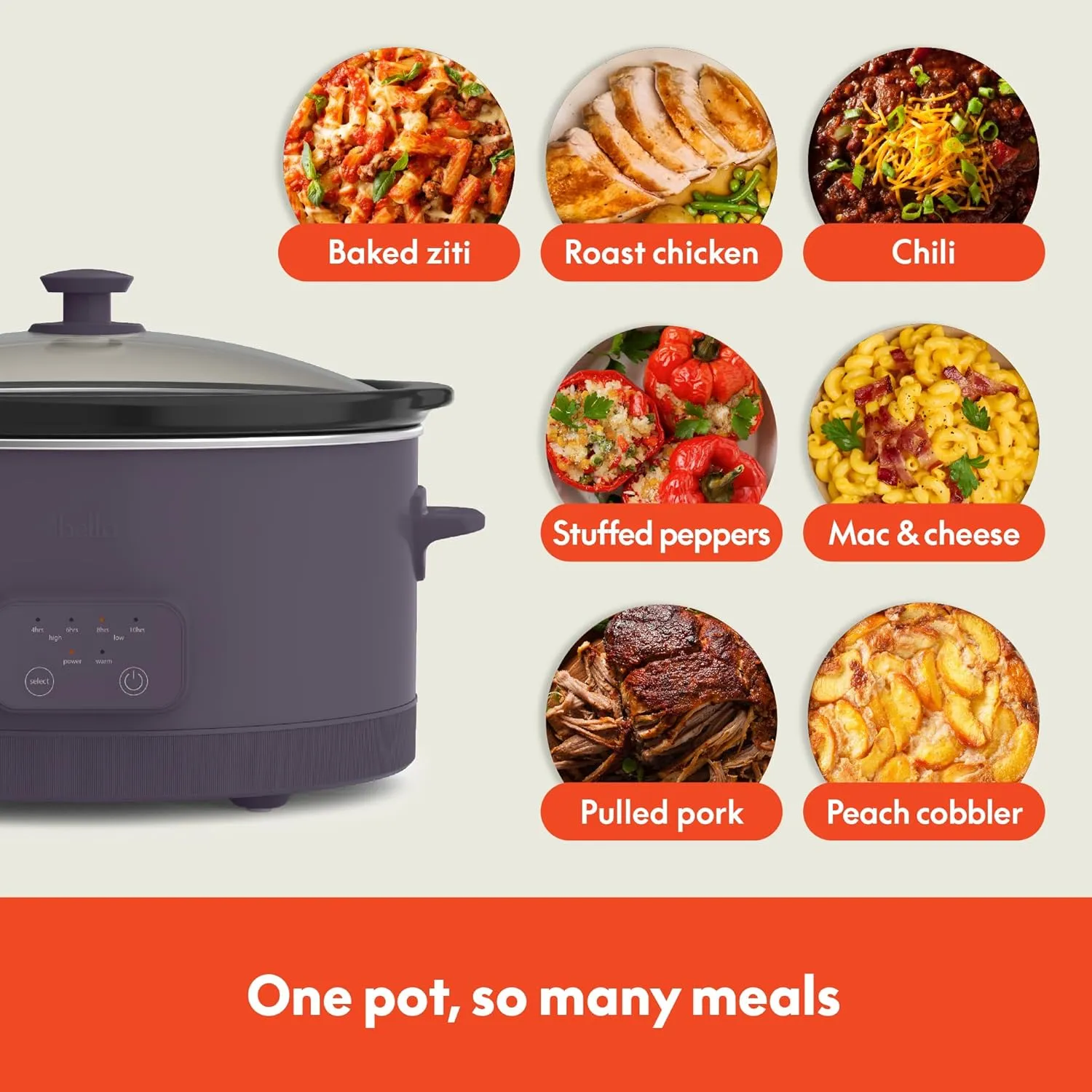 bella 6.0 Qt Programmable Slow Cooker, EverGood™ Ceramic Nonstick Coating, Adjustable Temperature & Cooking Times, Dishwasher Safe Stoneware Pot & Tempered Glass Lid, Tangle Free Cord Wrap, Plum