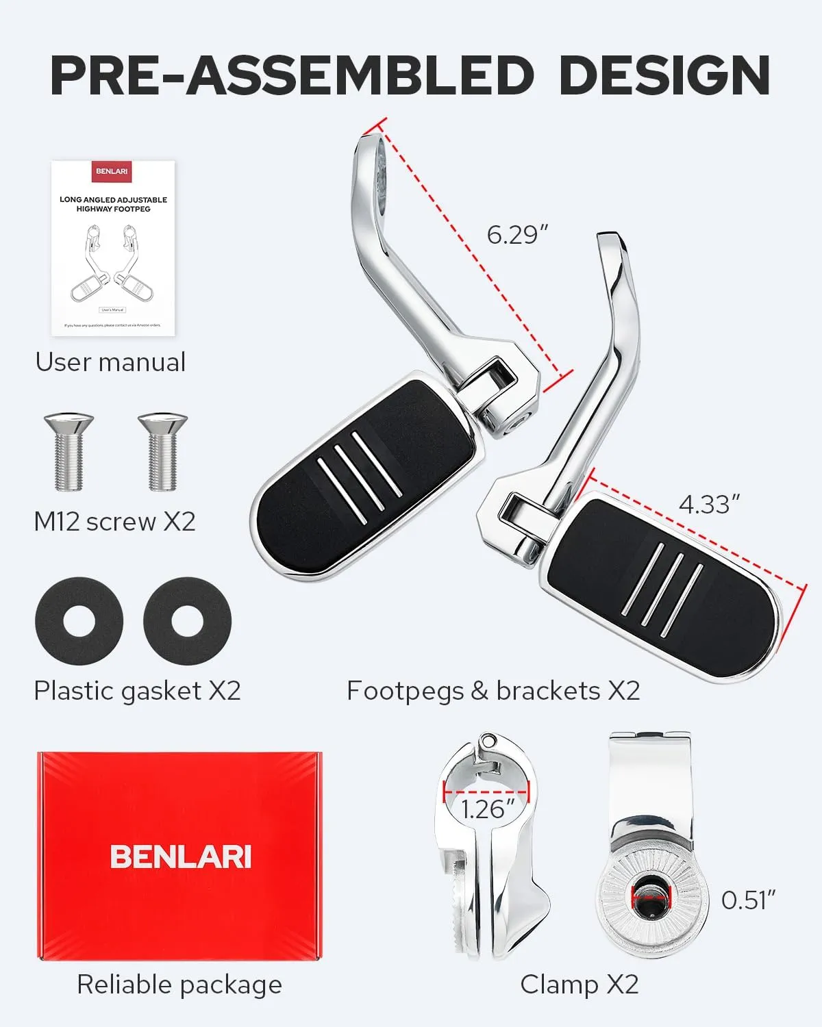 Benlari Highway Pegs, 1.25" Highway Foot Pegs Long Angled Stainless Steel 304 Adjustable Fit for Harley Touring Street Glide Softail Dyna Sportster fits 1-1/4"(32mm) Engine Guard(Chrome)