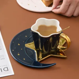 Berjaya Ceramic Star Moon Coffee Cup And Saucer With Spoon Set Golden Handle Porcelain Mug Afternoon Tea Juice And Water Drinks Cup (blue), 3 Piece Set (3213-D)
