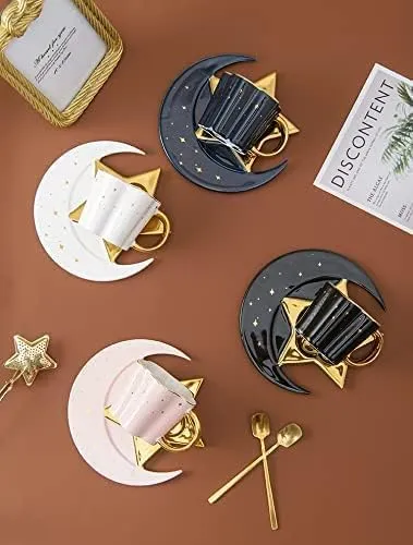Berjaya Ceramic Star Moon Coffee Cup And Saucer With Spoon Set Golden Handle Porcelain Mug Afternoon Tea Juice And Water Drinks Cup (White)(3213-D)