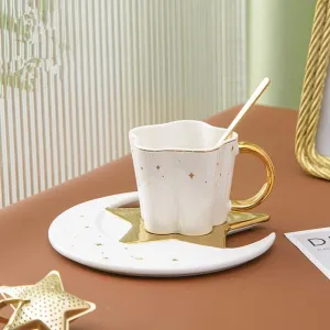 Berjaya Ceramic Star Moon Coffee Cup And Saucer With Spoon Set Golden Handle Porcelain Mug Afternoon Tea Juice And Water Drinks Cup (White)(3213-D)