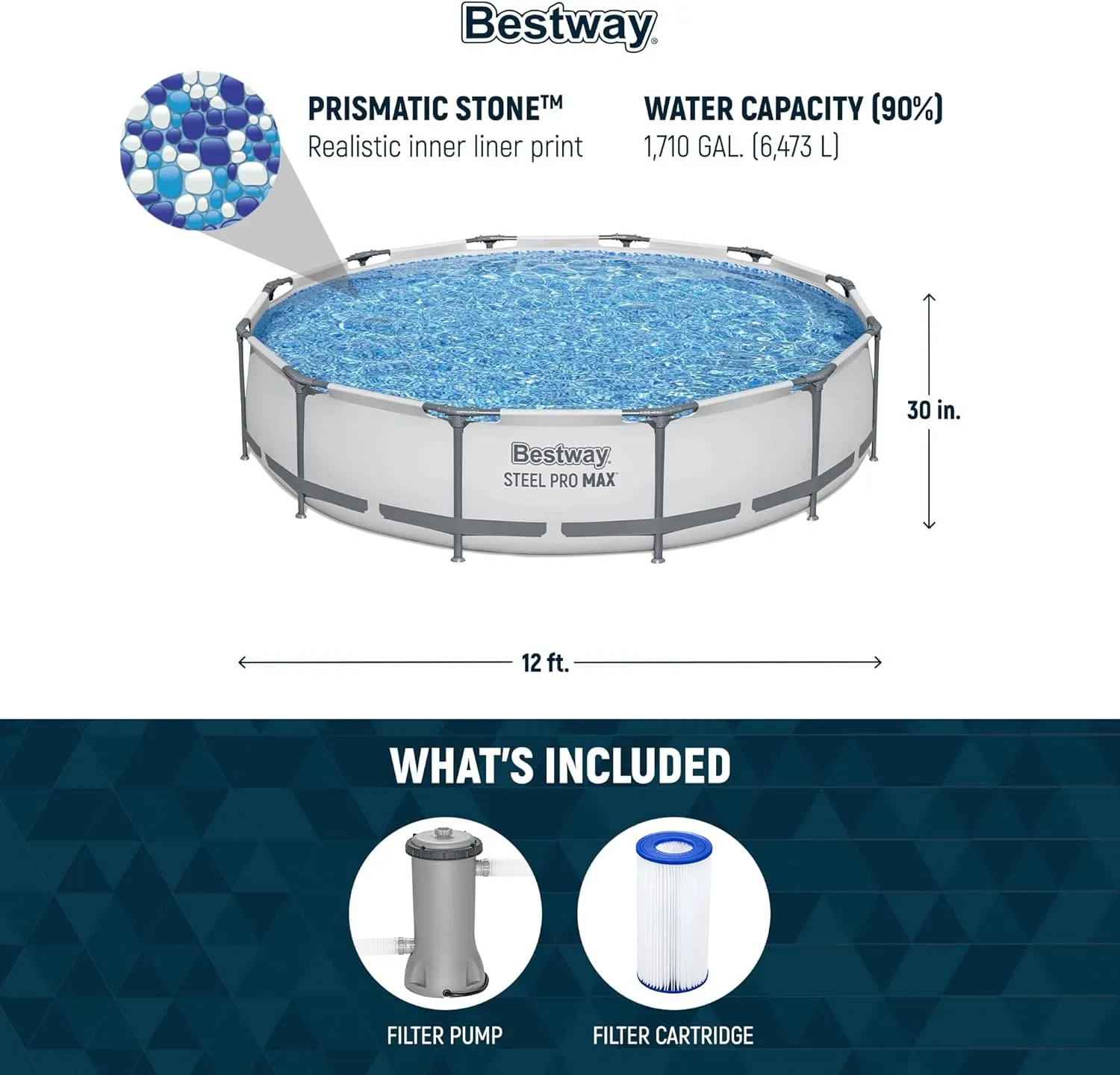 Bestway Steel Pro MAX 12 Foot by 30 Inch Round Above Ground Swimming Pool Set Outdoor Metal Frame Family Pool with Filter Pump, Gray