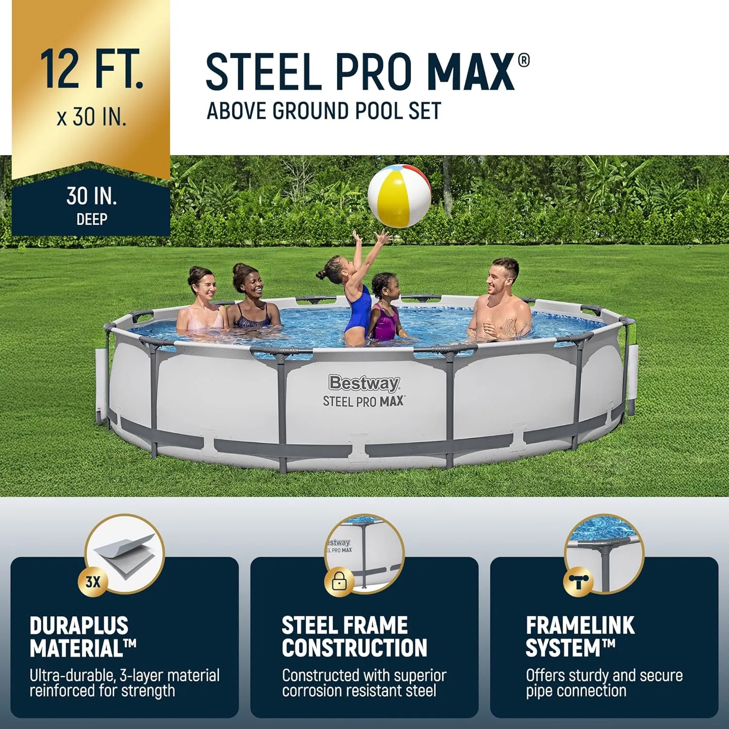 Bestway Steel Pro MAX 12 Foot by 30 Inch Round Above Ground Swimming Pool Set Outdoor Metal Frame Family Pool with Filter Pump, Gray