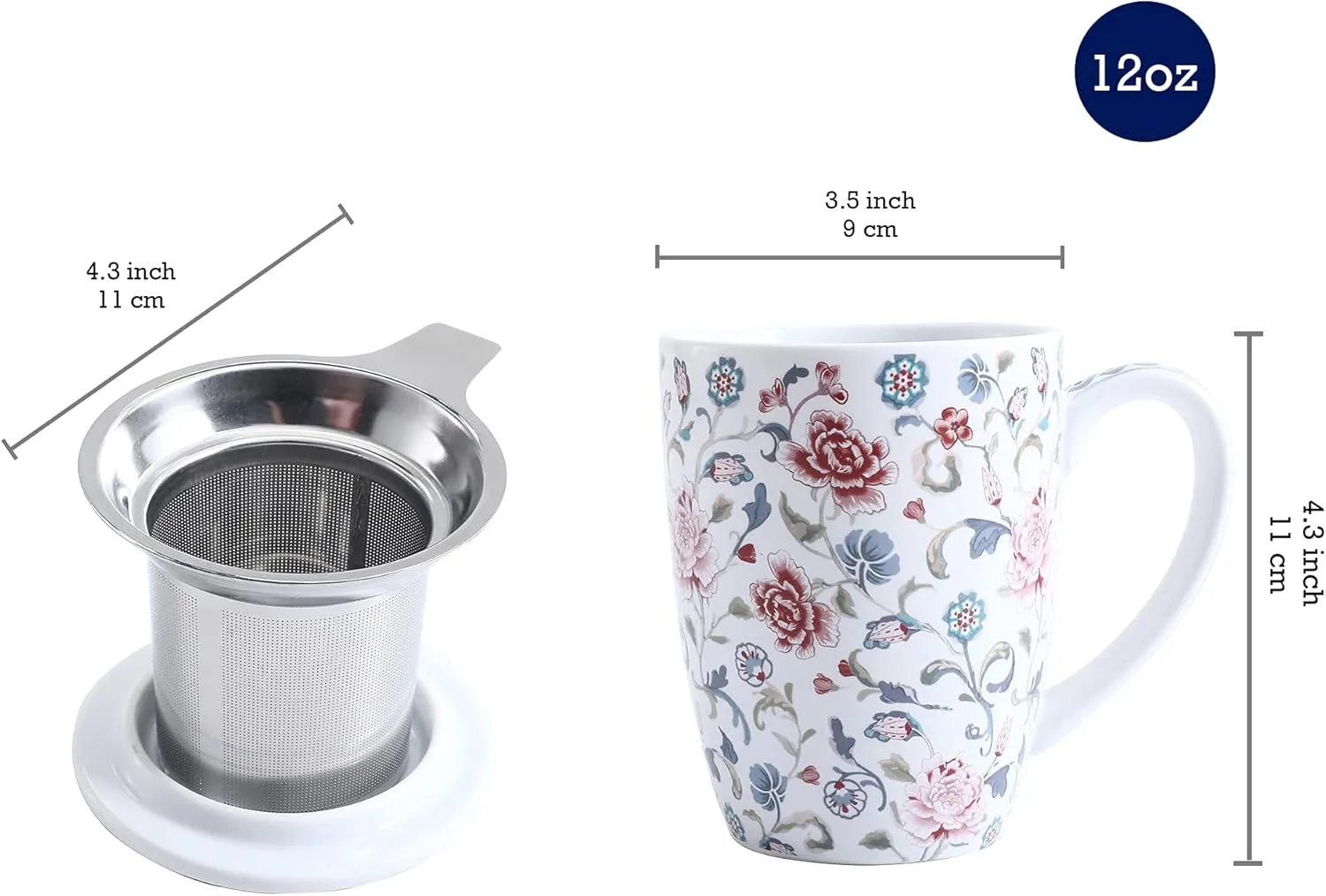 Bico Peony Garden 12oz Porcelain Tea Mug with Infuser and Lid, Microwave & Dishwasher Safe