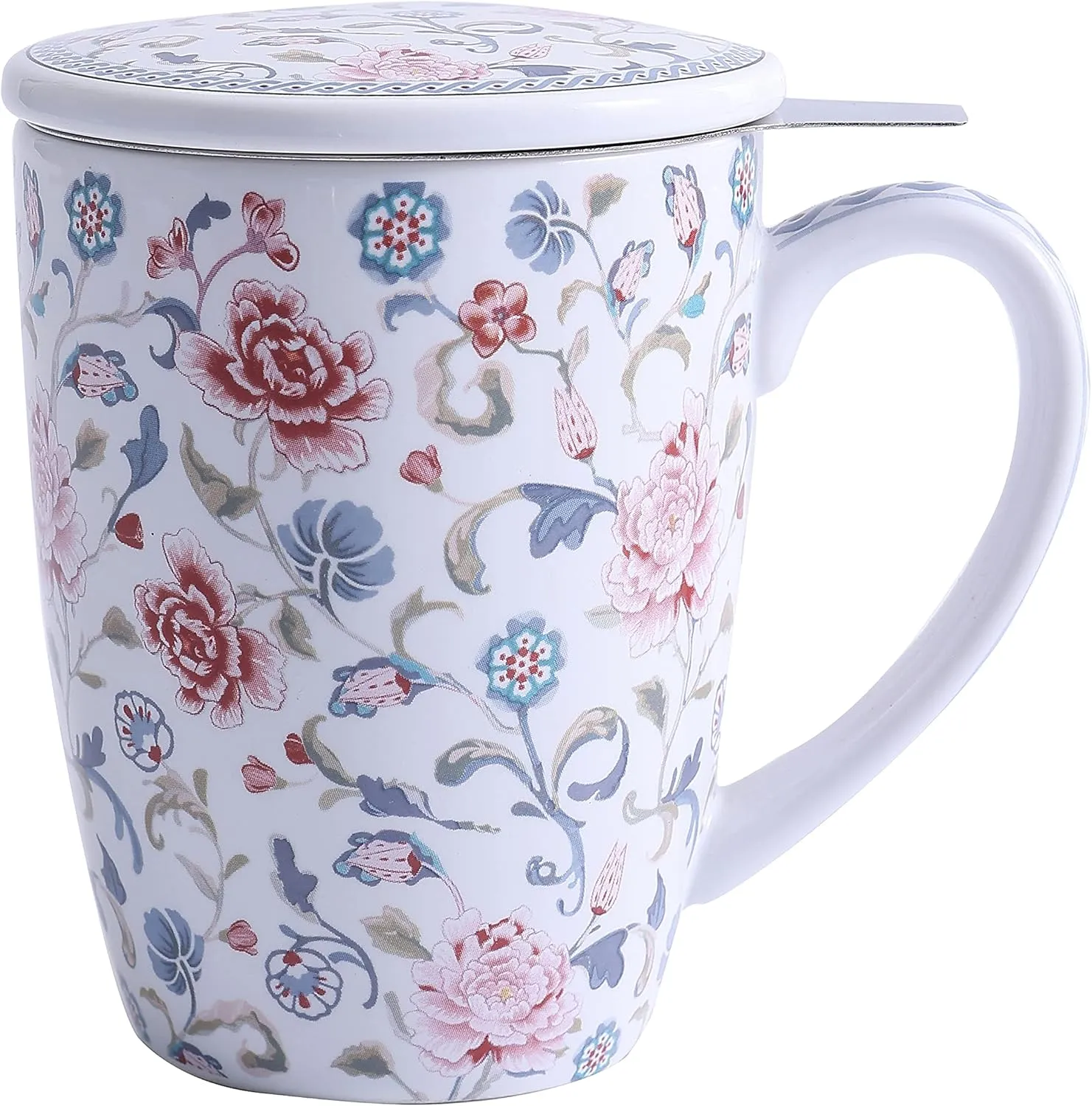 Bico Peony Garden 12oz Porcelain Tea Mug with Infuser and Lid, Microwave & Dishwasher Safe