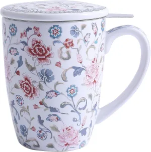 Bico Peony Garden 12oz Porcelain Tea Mug with Infuser and Lid, Microwave & Dishwasher Safe