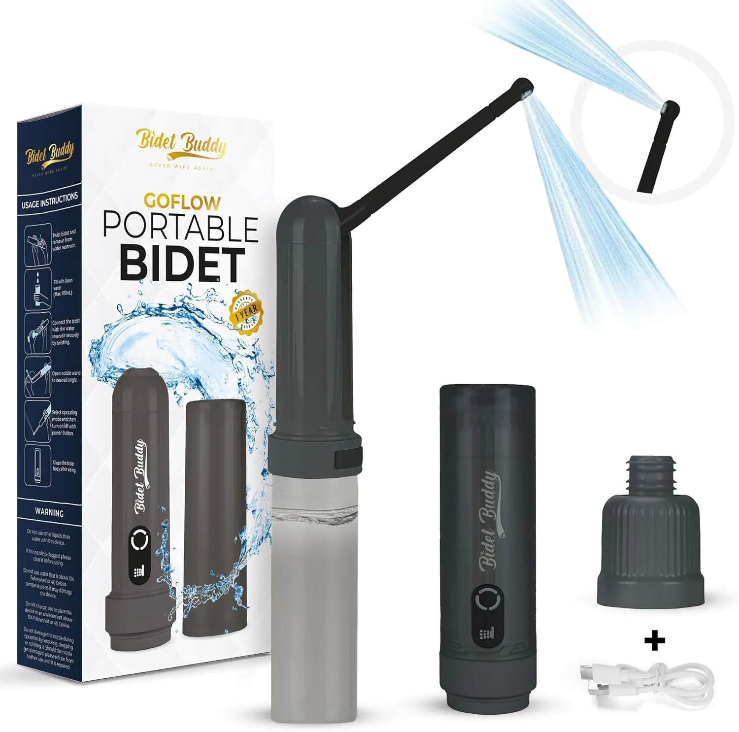 BIDET BUDDY® GoFlow Portable Bidet for Travel | 280ml/min Flow | 800mAh Battery | 180ML Bottle | IPX7 Waterproof | USB-C Charging | Pocket-Sized & Flexible with Medium Pressure (Grey)