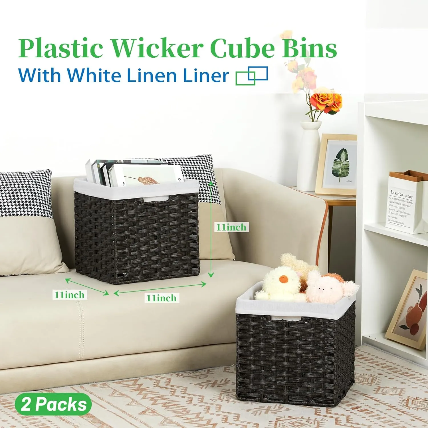 Bidtakay Wicker Cube Baskets with Liners 11 inch 2 Pack Waterproof Imitation Hand-Woven Wicker Storage Baskets for Shelves and Organizing Pantry and Bedroom Blackish-tan