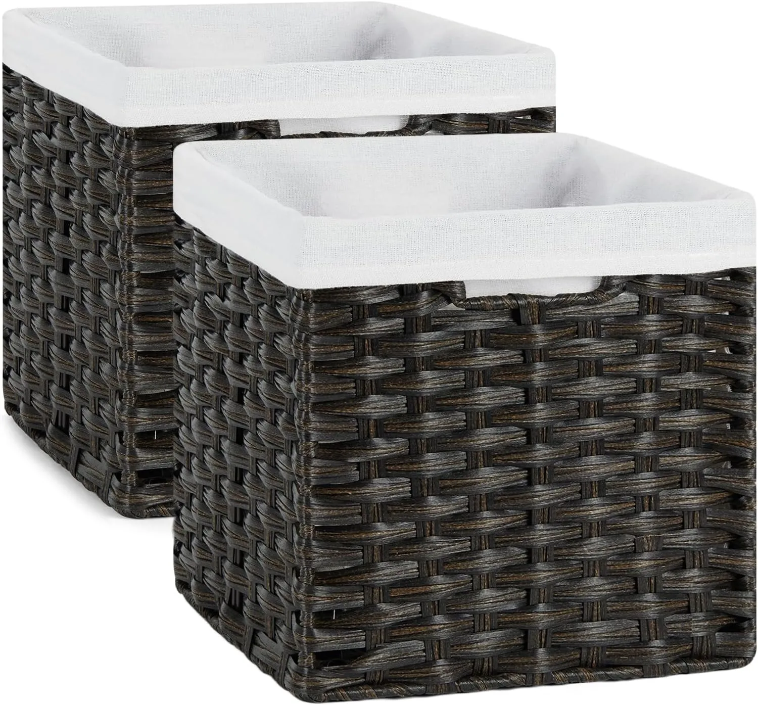 Bidtakay Wicker Cube Baskets with Liners 11 inch 2 Pack Waterproof Imitation Hand-Woven Wicker Storage Baskets for Shelves and Organizing Pantry and Bedroom Blackish-tan