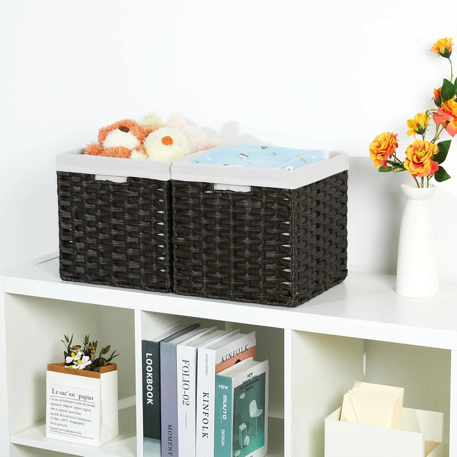 Bidtakay Wicker Cube Baskets with Liners 11 inch 2 Pack Waterproof Imitation Hand-Woven Wicker Storage Baskets for Shelves and Organizing Pantry and Bedroom Blackish-tan