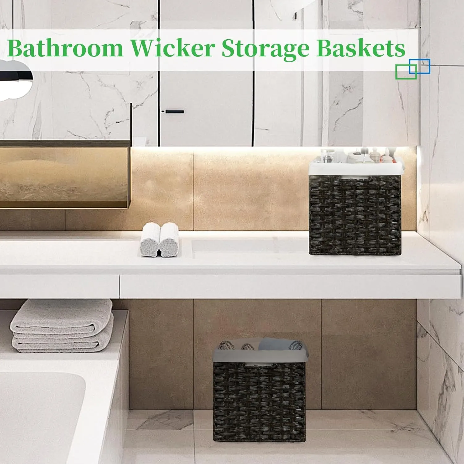 Bidtakay Wicker Cube Baskets with Liners 11 inch 2 Pack Waterproof Imitation Hand-Woven Wicker Storage Baskets for Shelves and Organizing Pantry and Bedroom Blackish-tan