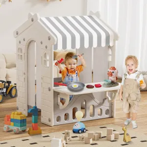 BIERUM Kids Playhouse with Kids Pretend Play Kitchen Toys Set, Indoor Playhouse for Toddlers Aged 1-3, with Windows, Door Curtains and Foldable Stand and Play Platform Beige Gray