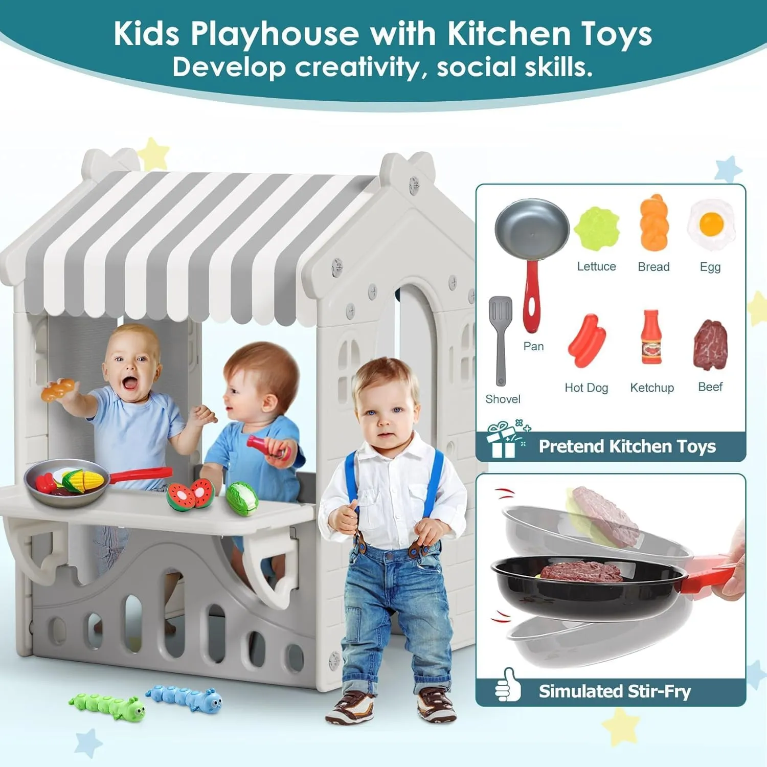 BIERUM Kids Playhouse with Kids Pretend Play Kitchen Toys Set, Indoor Playhouse for Toddlers Aged 1-3, with Windows, Door Curtains and Foldable Stand and Play Platform Beige Gray
