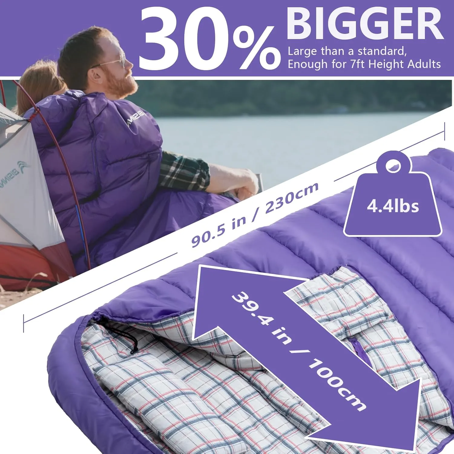 BISINNA Flannel XXL Sleeping bag (90.55"x39.37") Wearable Sleeping Bag for Alults 3 Season with Pillow Compressdin Sack for Hiking Camping Backpacking Outdoor