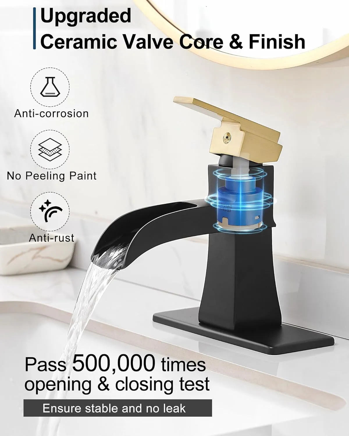 Black and Gold Waterfall Bathroom Faucet, Brass Bathroom Sink Faucet 1 Hole or 3 Hole, 4 Inch Bathroom Faucets Single Handle with Drain Supply Hoses & 6 inch Deck Plate for Lavatory RV Farmhouse