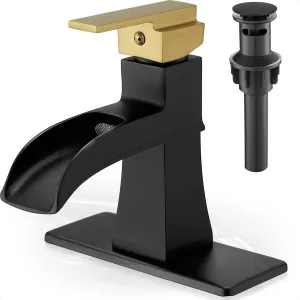 Black and Gold Waterfall Bathroom Faucet, Brass Bathroom Sink Faucet 1 Hole or 3 Hole, 4 Inch Bathroom Faucets Single Handle with Drain Supply Hoses & 6 inch Deck Plate for Lavatory RV Farmhouse