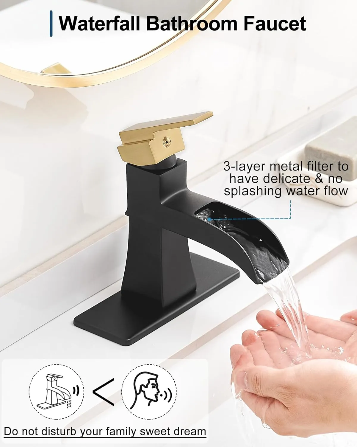 Black and Gold Waterfall Bathroom Faucet, Brass Bathroom Sink Faucet 1 Hole or 3 Hole, 4 Inch Bathroom Faucets Single Handle with Drain Supply Hoses & 6 inch Deck Plate for Lavatory RV Farmhouse