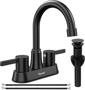 Black Bathroom Faucet 3 Hole, Bathroom Faucets for Sink 3 Hole, Bathroom Sink Faucet, 4 Inch 2 Handle Centerset, Lead-Free, with Copper Pop Up Drain (Matte Black)