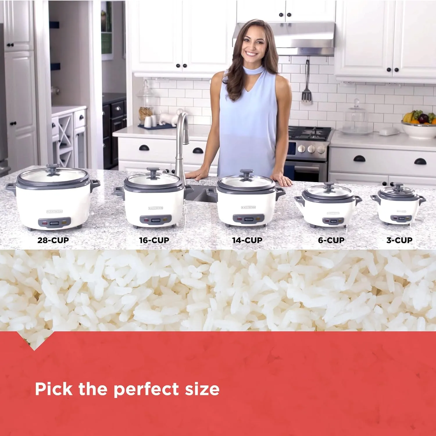 BLACK DECKER Rice Cooker 28 Cups Cooked (14 Cups Uncooked) with Steaming Basket, Removable Non-Stick Bowl, White